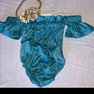Blue suede off shoulder onesie